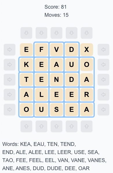 A game of Queuedle with a score of 81.